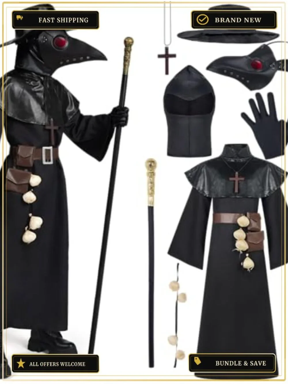 Kids Plague Doctor Costume 10-in-1 Halloween Set Robe Mask Cosplay